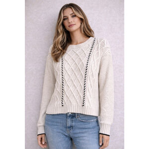 La Ligne x Target Cable Knit Sweater Large Cream Black Whipstitch Stripe Preppy